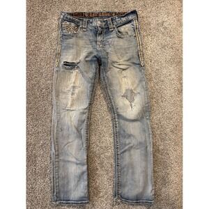 Rock Revival Jeans Men 34 Blue Owen Boot Distressed Ripped Embroidered EP9657BL*